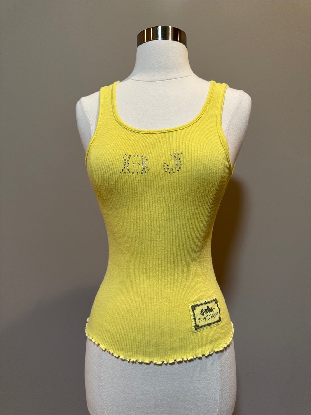 Y2K Betsey Johnson Yellow Ribbed Tank Top with Embellished Logo